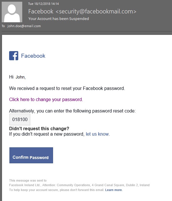 facebook phishing email
