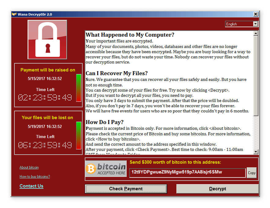 The image shows the screen of a computer infected with the Wanacry. It's demanding bitcoin and counting down.